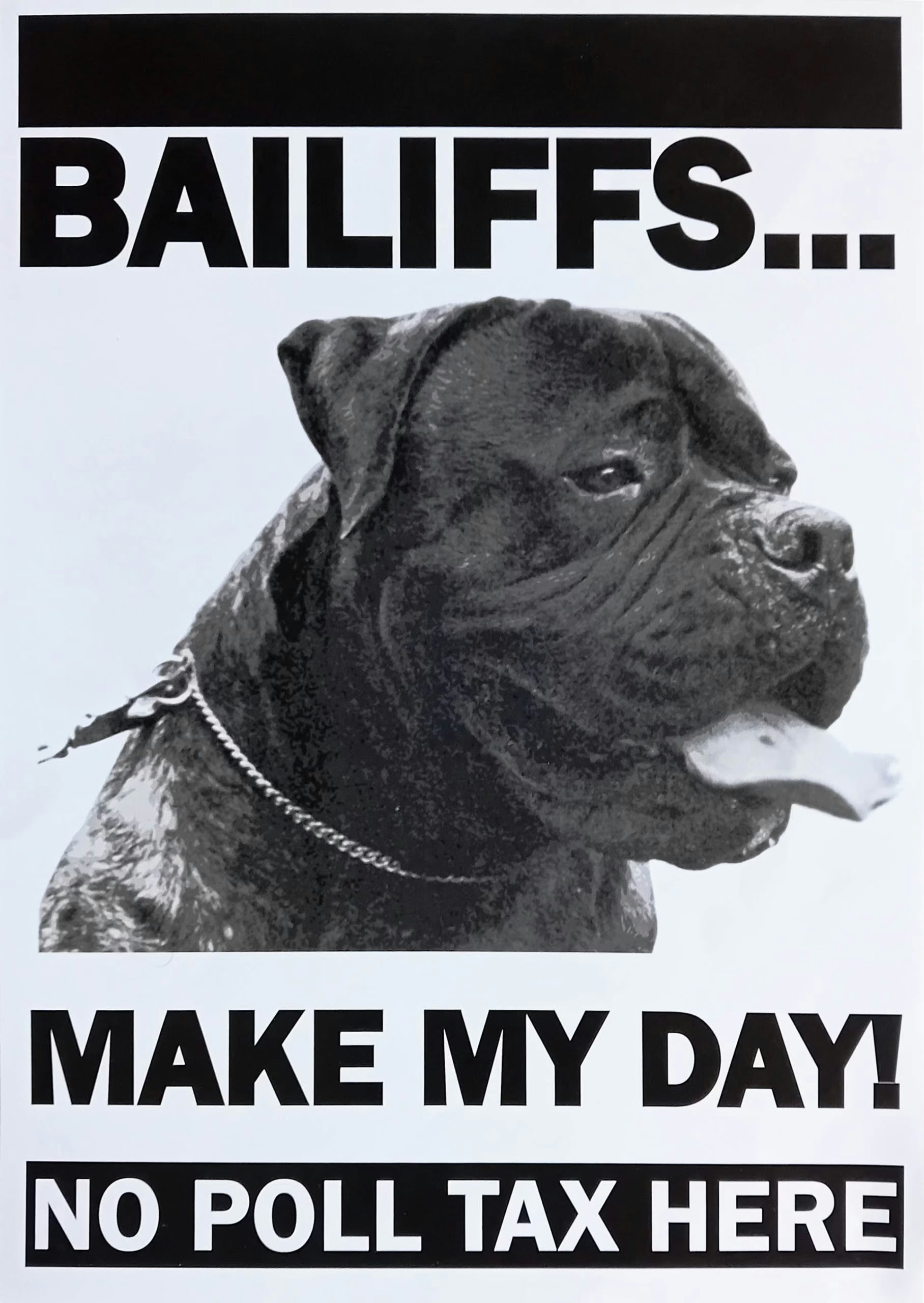 Bailiffs poster, The Right to Protest Exhibition, produced by various collectives from the archives of the London Print Studios and Red Shoes Archive